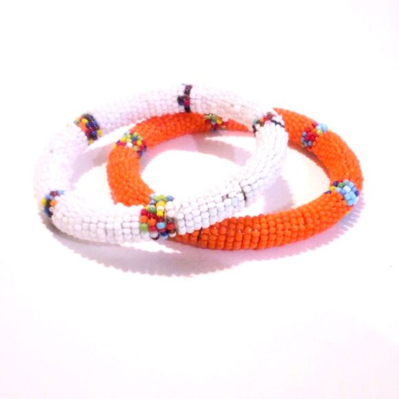 Pair of Wrapped Seed Bead Bangle Bracelets in Orange and White - Picture 2 of 4